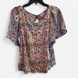 Lucky Brand Women’s Short Sheer Sleeve Boho Tee with Open Back size small
